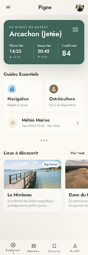 Écran Pigne : informations locales, marées et lieux à découvrir autour d’Arcachon