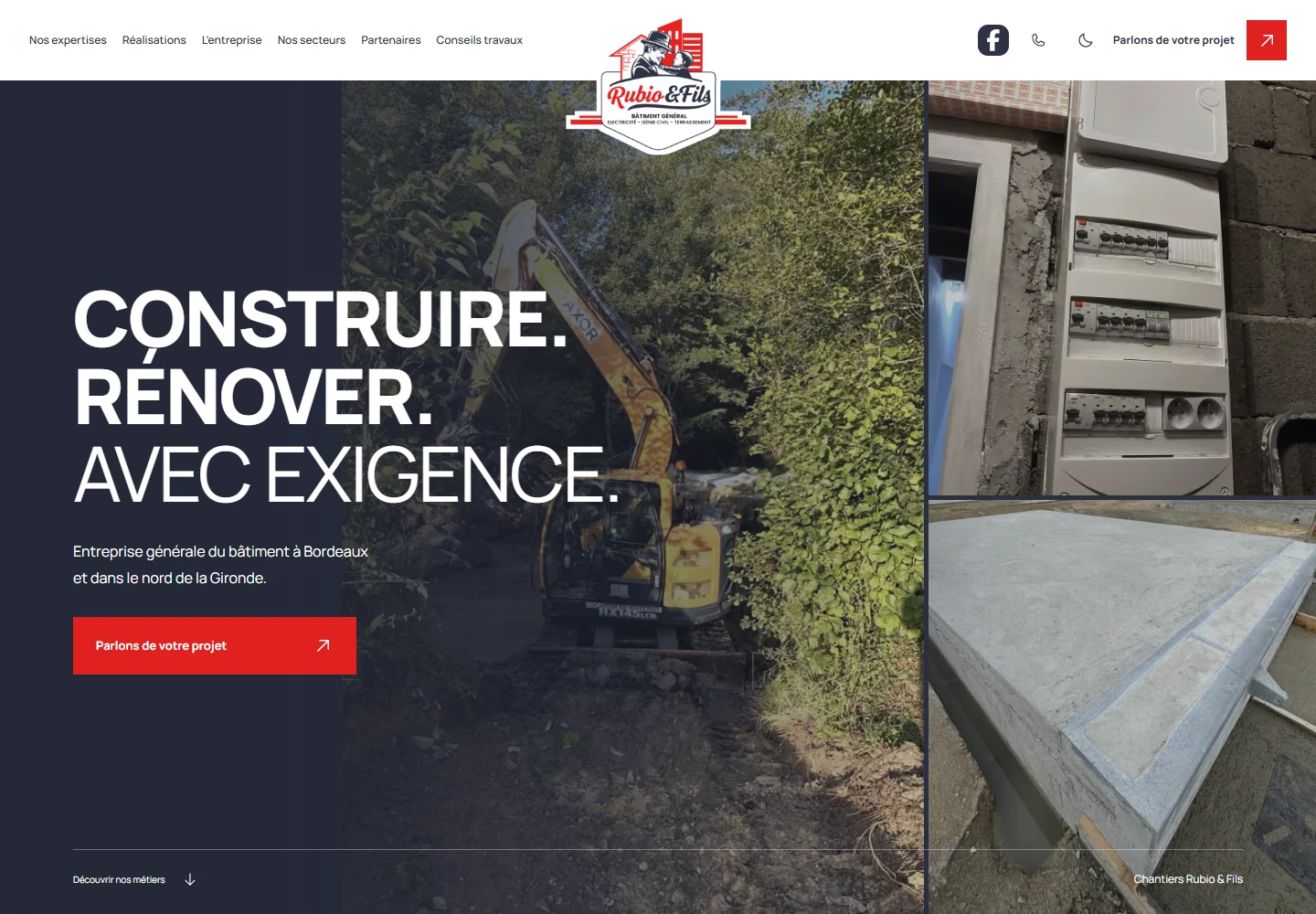 Accueil du site Rubio & Fils, avec la composition de trois photos de chantiers
