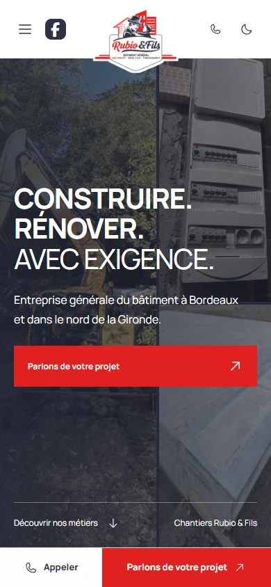 Accueil Rubio & Fils sur téléphone, avec les boutons Appeler et Parlons de votre projet